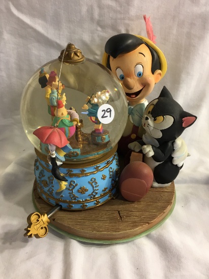 Collector Disney Pinocchio Figaro Musical Snow Globe BRAHMS WALTZ 8.5"Tall x7.3/8"Round