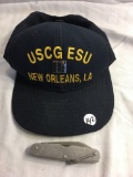 Lot of 2 Pieces Collector USCG ESU New Orleans Hat and Military Knife Camilus Folded Knife - See Pho