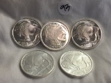Lot of 5 Pieces Collector  1 oz./each coin 5 oz total  Buffalo Town Silver Round Silver Coins