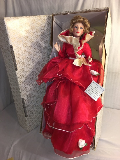 Collector Franklin Heirloom Danbury Mint Girl in Scarlett Dress Porcelain Doll Box: 26"x12"