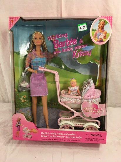 NIB Mattel Barbie Walking Barbie & New Baby Sister Krissy Doll 12.7/8"tall Box Size