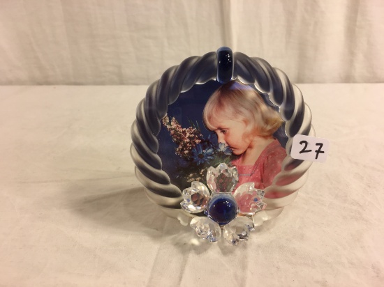 Collector Loose Swarovski Crystal Blue Flower Picture Circle Frame Size:4x3.3/4" Round