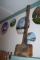 WOODEN ANTIQUE MALL, SLING SHOT, HAND AX, HAND SAW, COAT RACK