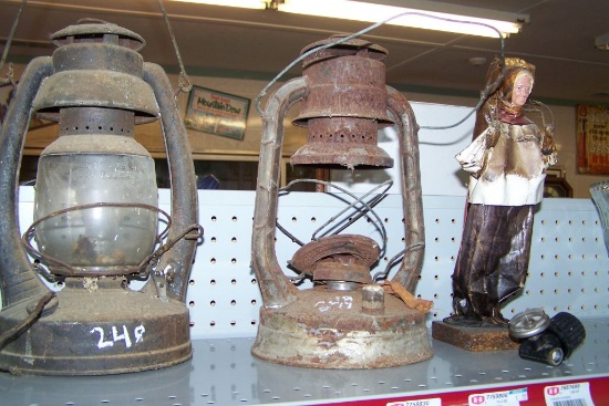 ANTIQUE LANTERNS AND MISC FIGURINE