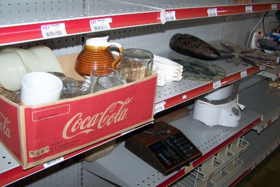 BOX OF DISHES, CORN DISHES, MISC DECOR