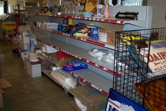 GREY 18' DOUBLE SIDED METAL SHELF W/ HANGERS AND RACKS