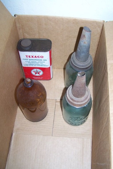 ANTIQUE OIL BOTTLES (3) AND TEXACO CAN