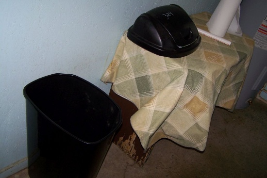 SMALL AND LARGE GARBAGE CAN, WOODEN SHELF, AND PLUNGER