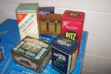 ANTIQUE CRACKER BOXES, SPICE CANS, 1892 COFFEE BOX, BLUE RIBBON GLASSES