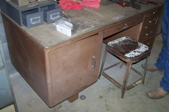 METAL DESK, STOOL, AND LIGHT