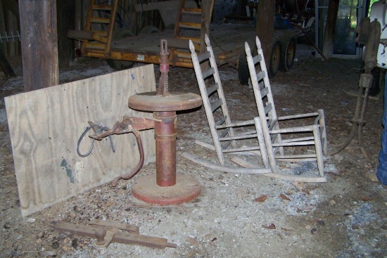 ANTIQUE PRESS, WOODEN ROCKING CHAIRS, ANTIQUE FORGE
