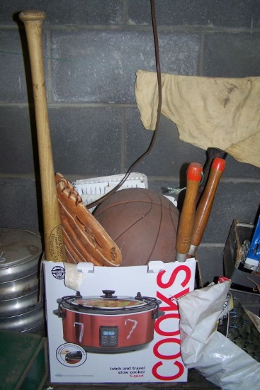 BOX OF SOFTBALL GLOVES, BAT, TRIMMER, MISC