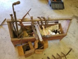 HORSESHOES AND WOODEN TOOL BOX WITH FERRIER TOOLS