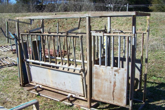 CATTLE SQUEEZE CHUTE W/ PALP CAGE AND HEAD CATCH, 36" WIDE X 124" LONG