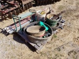 PALLET OF FARMING SUPPLIES: POSTS, TUB, GAS CAN, BATTERY