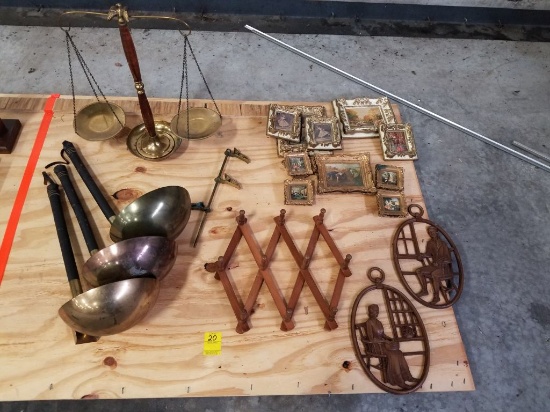 ANTIQUES BRASS: DIPPERS, SCALES, DECOR, PICTURES