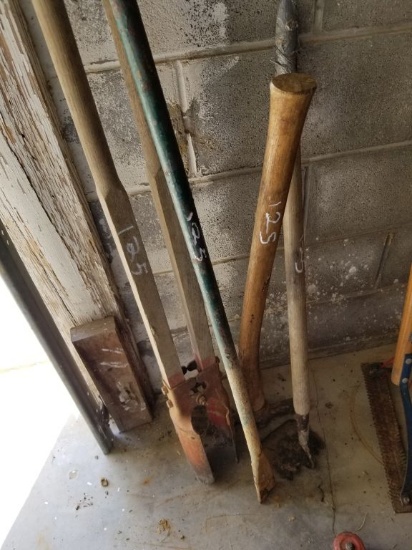 POST HOLE DIGGER, TAMPING ROD, HOE, PICK AXE-BROKE HANDLE