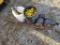 ROLLS OF ELECTRIC FENCE WIRE (3), 2 BUCKETS OF INSULATORS, 5 METAL RODS