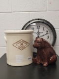 5 Gallon Crock , Bear Cookie Jar, W.P. Harrison Wall Clock (no batteries) ,