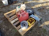 PALLET OF SPRAYERS, GAS JUGS, MISC