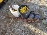 ROLLS OF ELECTRIC FENCE WIRE (3), 2 BUCKETS OF INSULATORS, 5 METAL RODS