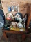 WOODEN END TABLE WITH CONTENT INCLUDING COCA-COLA PLATTERS (3), AND DECOR
