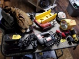 HAND TOOLS AND TABLE, JIG SAW, FLASHLIGHT, TOOL BELTS, POWERSTATION