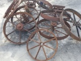 ANTIQUE IRON WAGON WHEELS (11) ASSORTED SIZES FROM 1.5' - 3'
