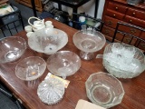 GLASS PUNCH BOWLS, CUPS, FRUIT STANDS, AND ANTIQUE TEAPOT AND CUPS