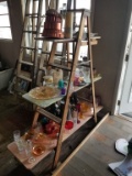 LADDER DISPLAY STAND WITH CONTENT INCLUDING GLASSWARE, VASES, CANDLE HOLDER