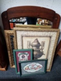 WOOD FRAMED MIRROR FOR DRESSER, AND ASSORTED PICTURES