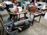 2 TOTES OF MISC, SET OF GOLF CLUBS, SQUARE TABLE W/ CONTENT, ROUND TABLE WI