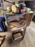 WOOD CRATES WITH WOODEN DUCKS, CIGAR TINS, CHESTER FIELDS CIGARETTE TIN, TA