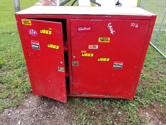 RED METAL TOOL CABINET ON WHEELS 4' WIDE X 42" TALL