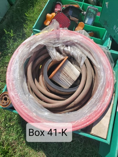 BOX OF HEAVY DUTY HOSE, FILTER, RED HOSE, ETC.