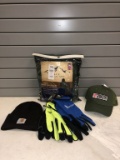 Westchester men's gloves (2 packs (XL)); Carhart beanie; TSC green cap; Blu