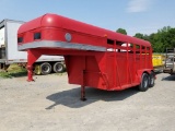 14' RED GOOSENECK STOCK TRAILER, NEW FLOOR, LIGHTS REWIRED, NO TITLE, 6' WI