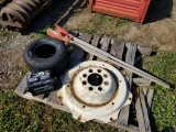 PALLET OF POST HOLE DIGGERS, 8 LUG HUB, 18X8.50-8 TIRE, AND BATTERY