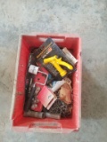 PLASTIC CRATE OF NAILS AND BATTERY TERMINALS