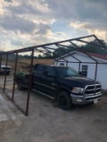 METAL CAR GARAGE FRAME WITH RED TIN CUT TO FIT, APPROX 24' LONG X 22' WIDE