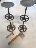 ANTIQUE RAZOR AND 2 CANDLE HOLDERS