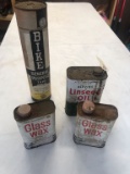 ANTIQUE GLASS WAX, TAPE, AND LINESEED OIL CANS