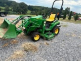 JOHN DEERE 1023E TRACTOR, 4X4, JOHN DEERE 120R FRONT END LOADER AND BUCKET,