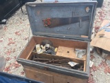 WOOD CHEST WITH ANTIQUE TOOLS
