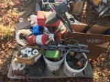 PALLET OF PLUMBING MATERIAL AND FIRE EXTINGUISHERS