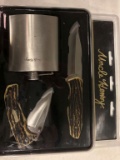 Uncle Henry gift set 2 knives folding & fixed blade hunter stag & ss Flask