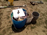 BUCKET OF MISC. WIRE, CHAINSAW BAR, AND OIL, ITEM FROM POWELL ESTATE-SELLS