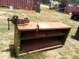6FT X 3FT  2 SHELF GARAGE DESK WITH VISE, ITEM FROM POWELL ESTATE-SELLS ABS