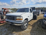 1997 WHITE FORD F450 WITH 16' LANDSCAPE BED WITH RAMP AND A 5' DOVE, 7.3 5