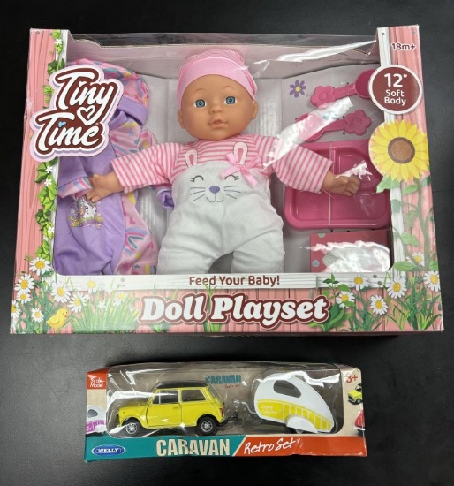 Feeding baby doll set and Caravan Retro Car Set. These new items are donate